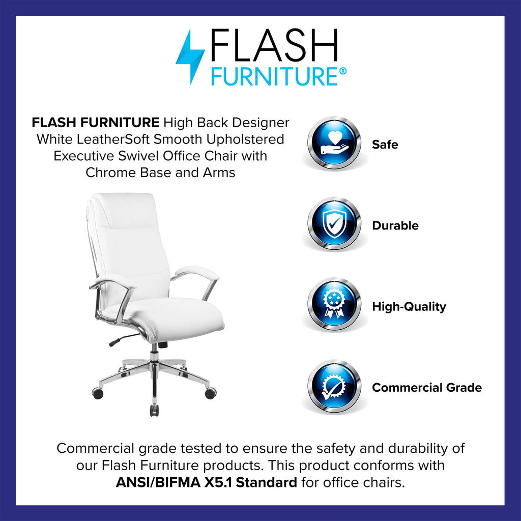 White LeatherSoft Executive Swivel Office Chair with Chrome Base and Arms X506629