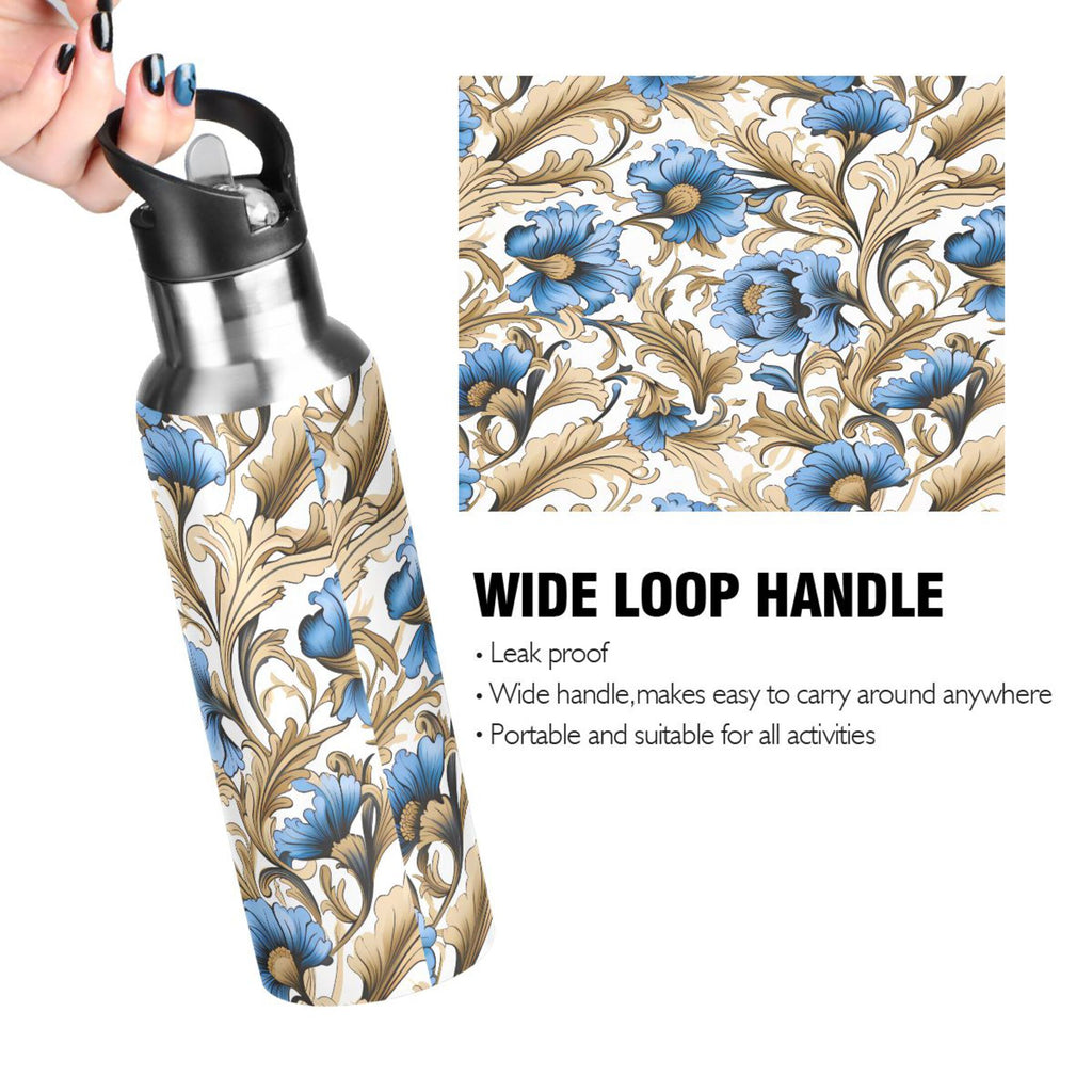 Blue Flowers Gold Leaves Stainless Steel Insulated Water Bottle V2687