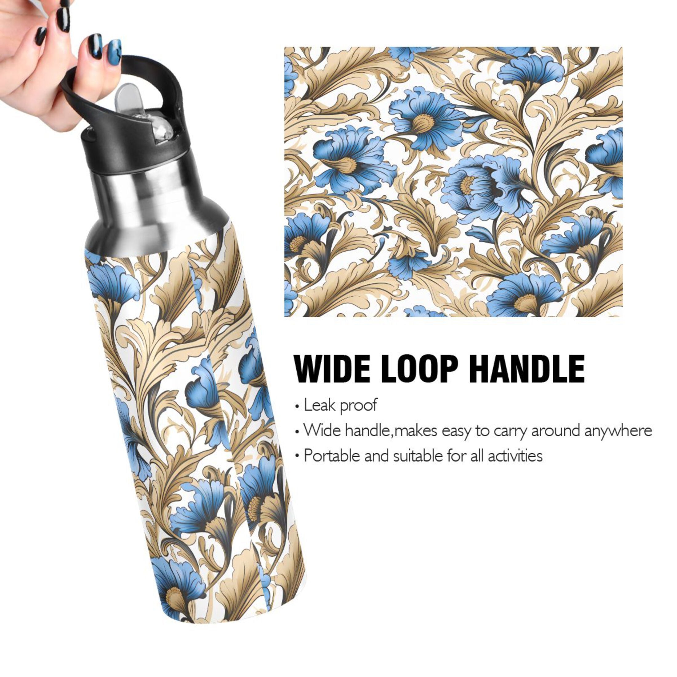 Blue Flowers Gold Leaves Stainless Steel Insulated Water Bottle V2687