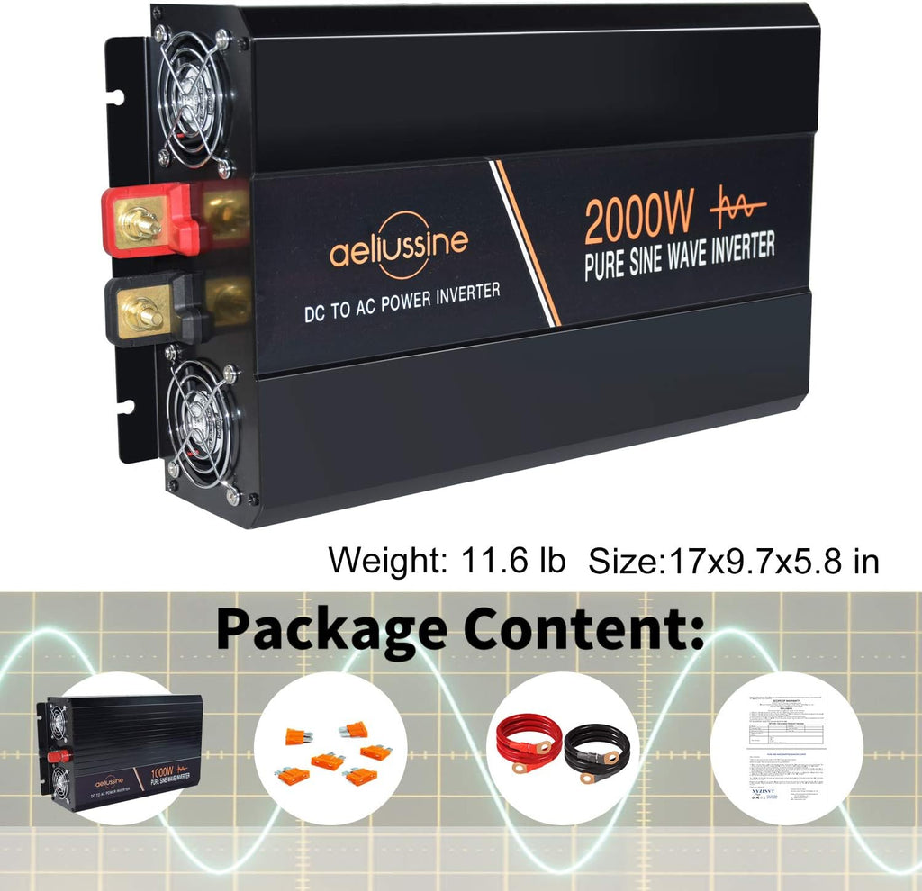 Power Inverter 2000 Watt Pure Sine Wave 24v DC to AC 120v Peak 4000 Watt with LCD Display USB Charge Port K449