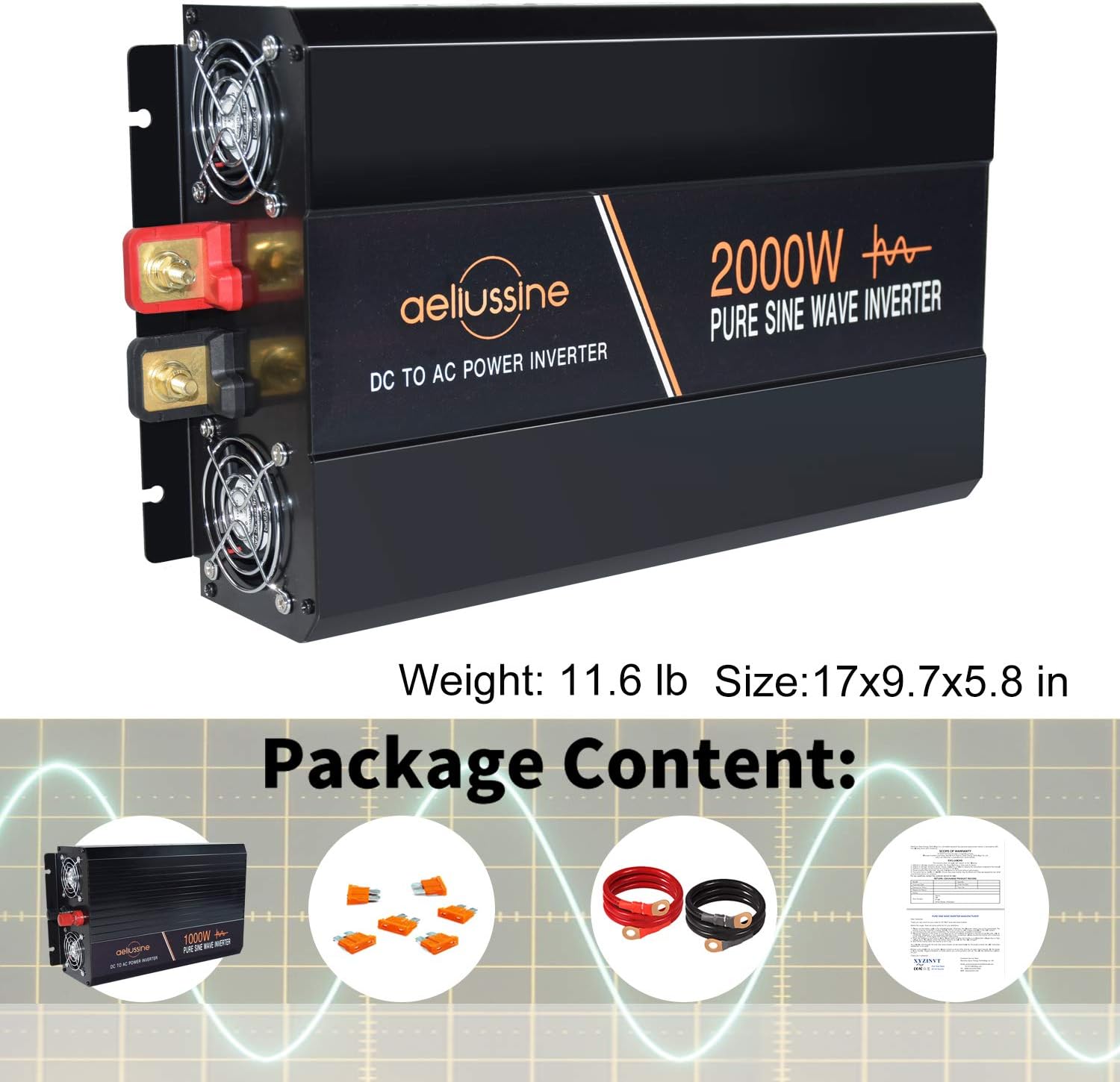 Power Inverter 2000 Watt Pure Sine Wave 24v DC to AC 120v Peak 4000 Watt with LCD Display USB Charge Port K449