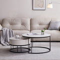 Black Nesting Coffee Table Set of 2 with Drawer, Sintered Stone Top Leather Wrapping Metal Frame D9836