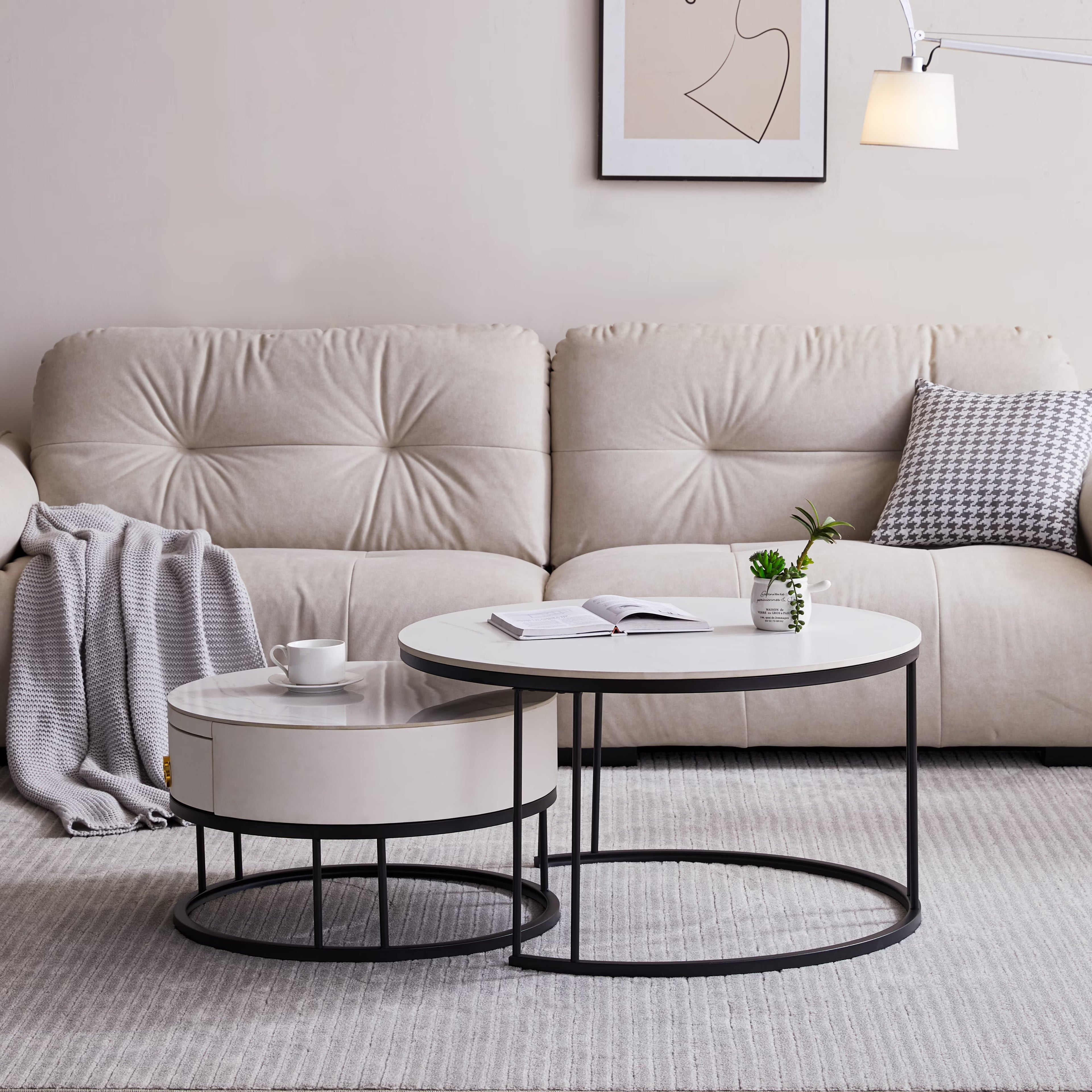 Black Nesting Coffee Table Set of 2 with Drawer, Sintered Stone Top Leather Wrapping Metal Frame D9836