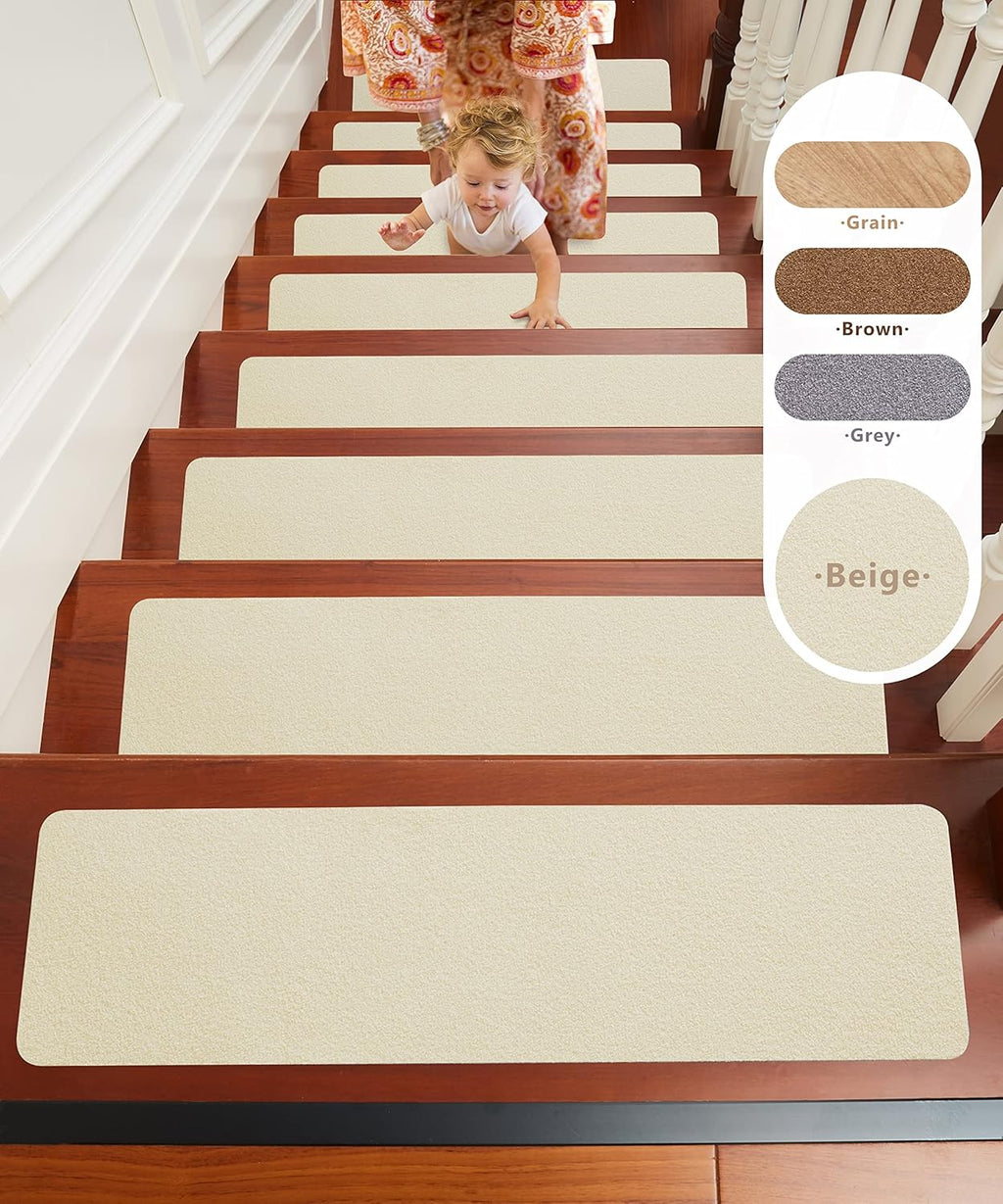 14 Pcs Beige Non Slip Stair Treads with TPE Backing D38543