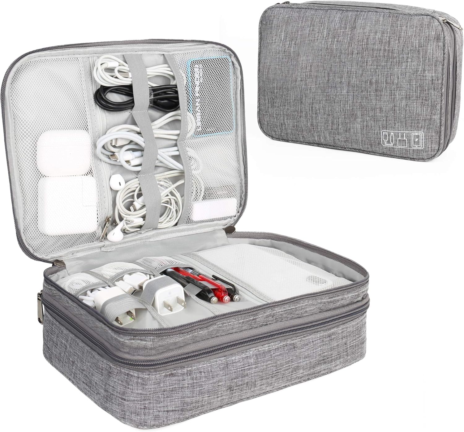 Electronics Organizer Bag Double Layer Travel Cable Storage Case, Grey A31544