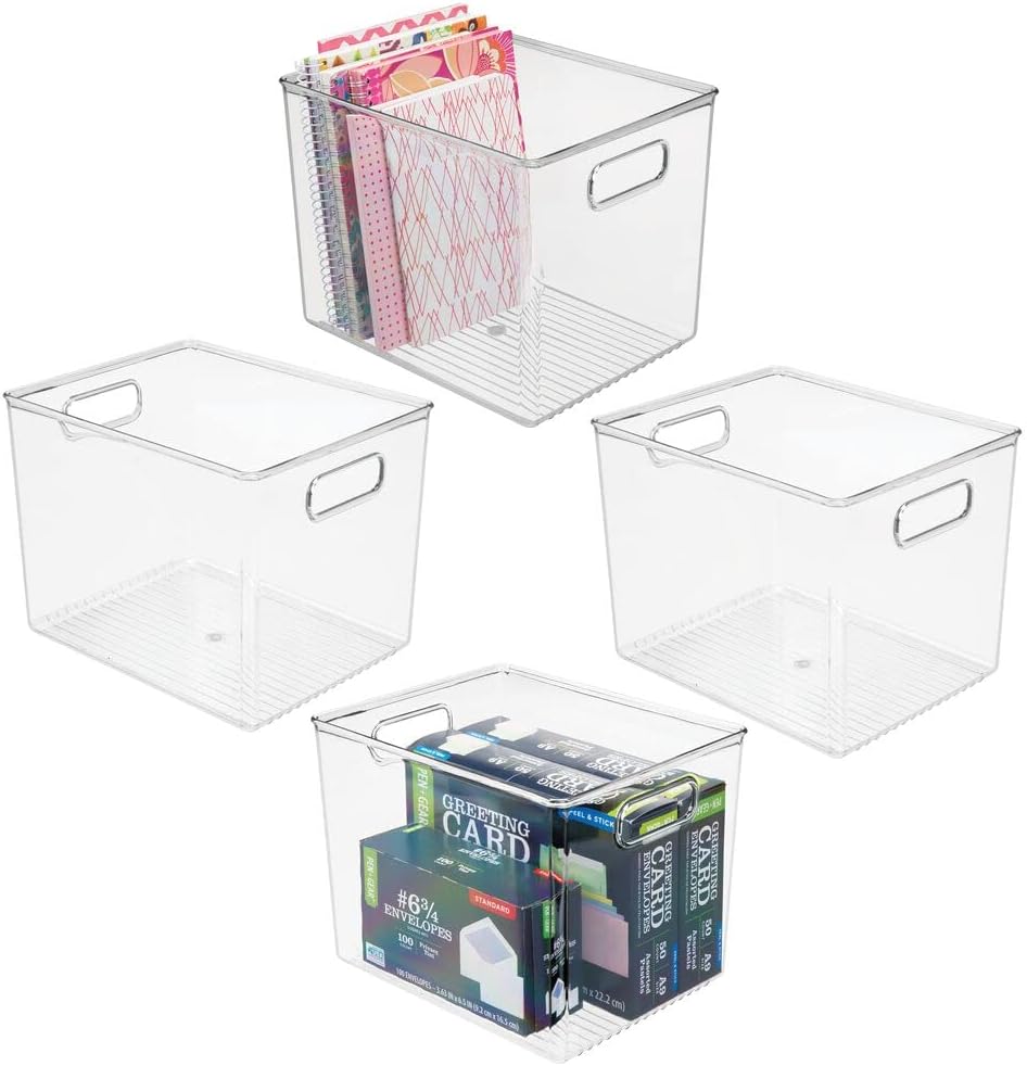 White 4 Pack Stackable Plastic Storage Organizer Bin Basket with Handle B713985