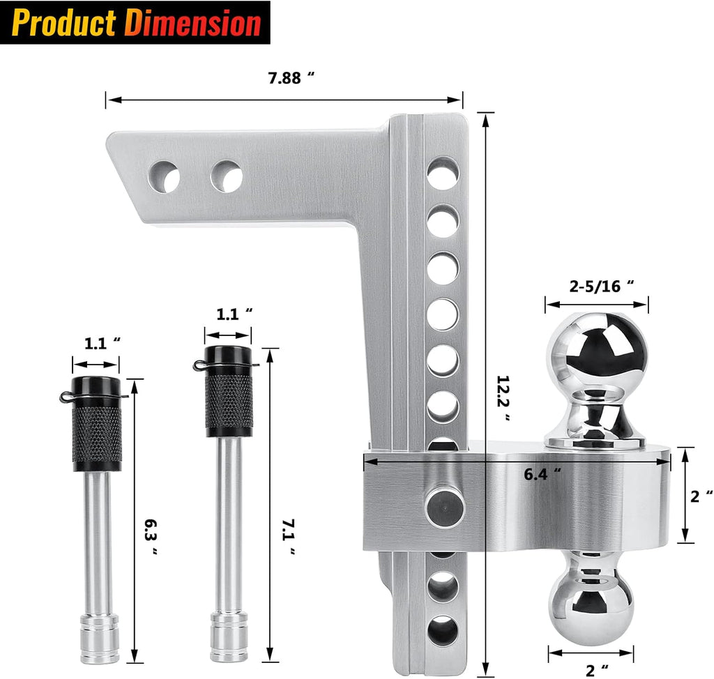 Adjustable Trailer Hitch Ball Mount, 2-Inch Receiver, 10-Inch Drop, 10-Inch Rise, Dual Towing Balls with Double Pin Key Locks H55123