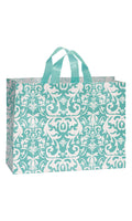 Large Aqua Damask Frosted Plastic Shopping Bags - 16 inch x 6 inch x 12 inch - Case of 100, Blue H95236