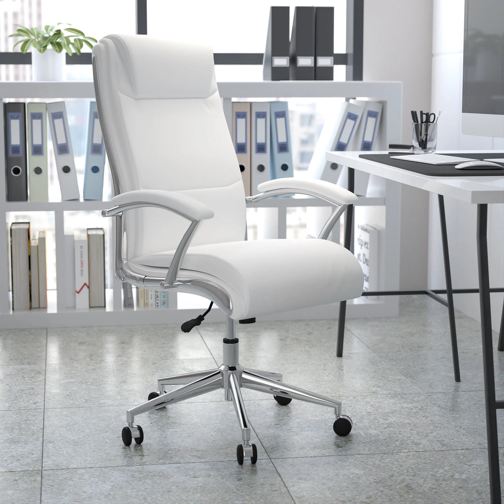 White LeatherSoft Executive Swivel Office Chair with Chrome Base and Arms X506629