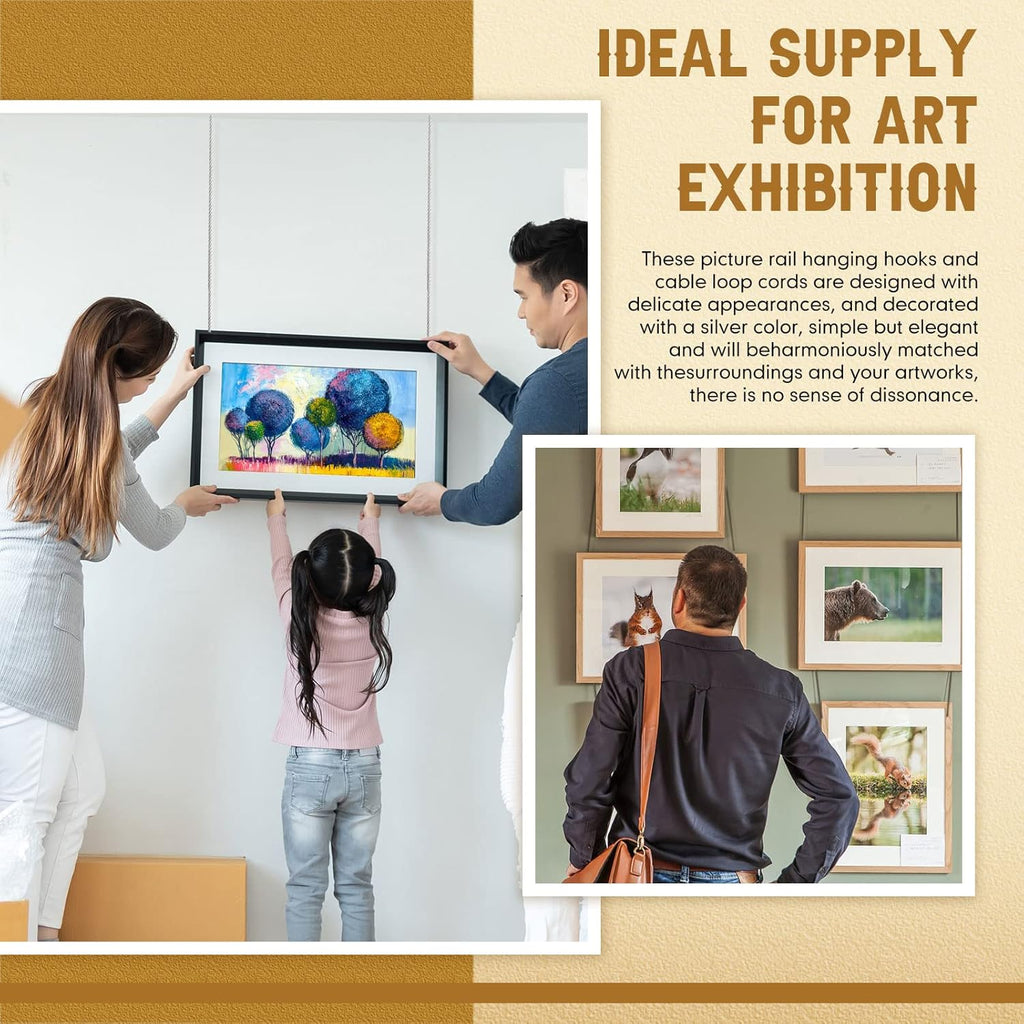 18 Pcs Picture Rail Hanging Kit with Stainless Steel Cable Loop Cord and Adjustable Photo Hooks S95249