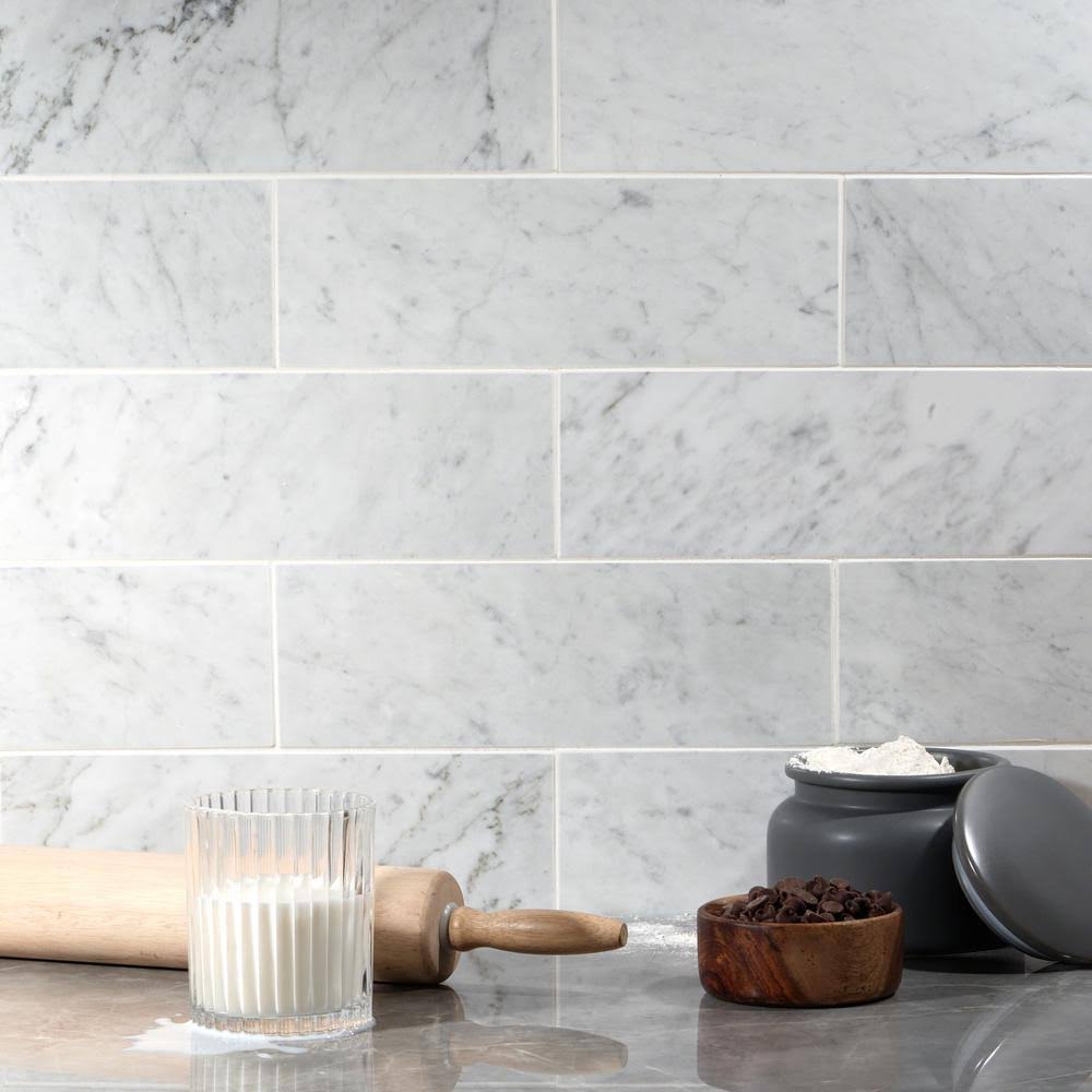 White Carrara Polished Marble Subway Tile 4 in. x 12 in. x 9mm 30 Pieces A217884