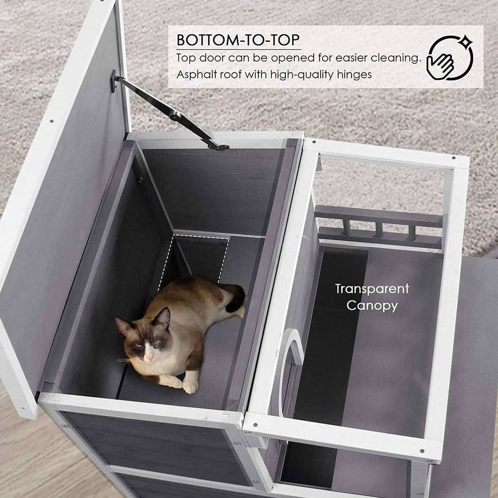 2-Story Weatherproof Wooden Cat Shelter House with Transparent PVC Canopy O698236