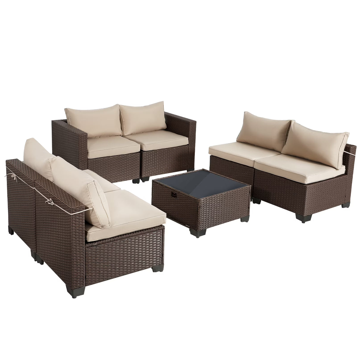 7 Pieces Patio Furniture Sets Outdoor Sectional Patio Sofa with Cushion Glass Table, Beige Z241129