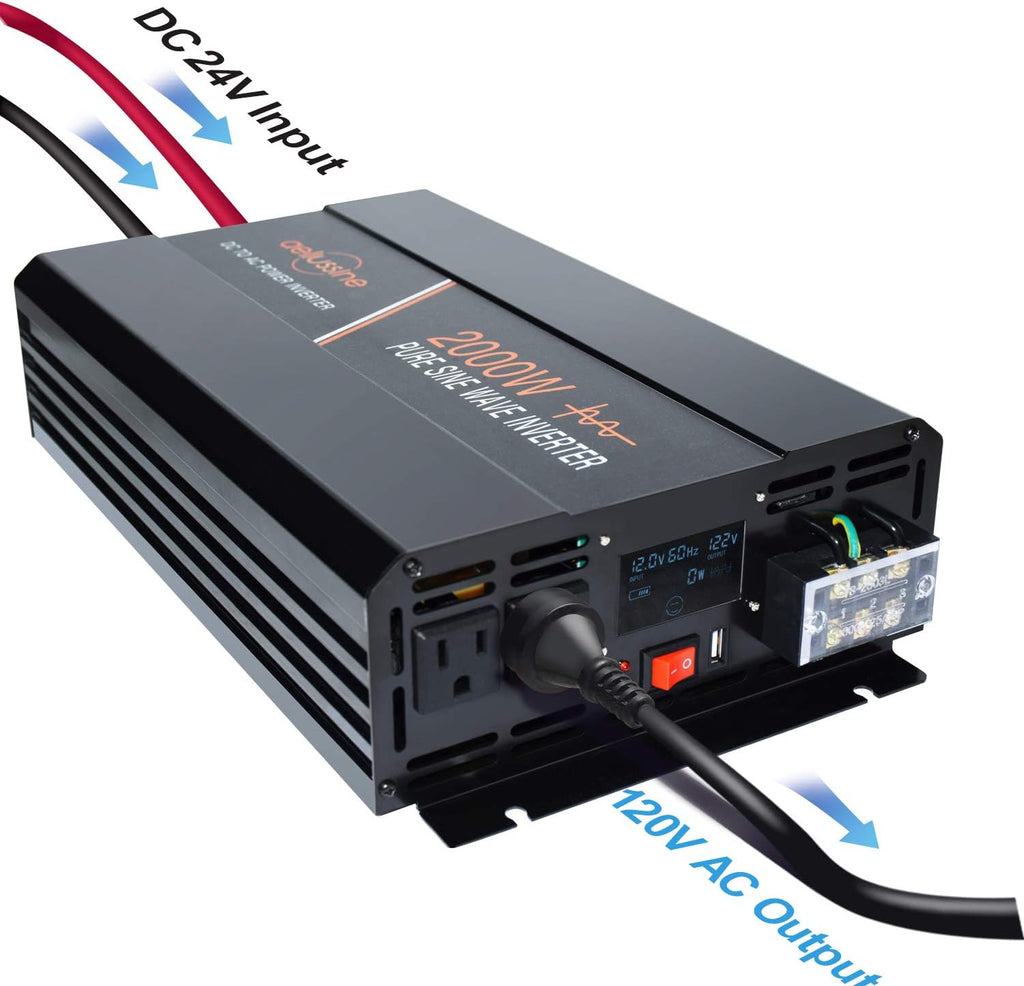 Power Inverter 2000 Watt Pure Sine Wave 24v DC to AC 120v Peak 4000 Watt with LCD Display USB Charge Port K449