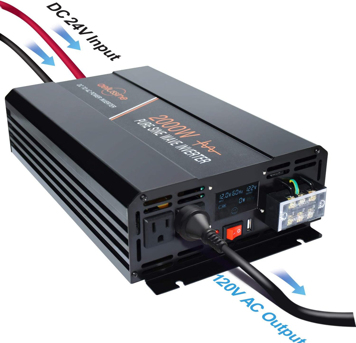 Power Inverter 2000 Watt Pure Sine Wave 24v DC to AC 120v Peak 4000 Watt with LCD Display USB Charge Port K449