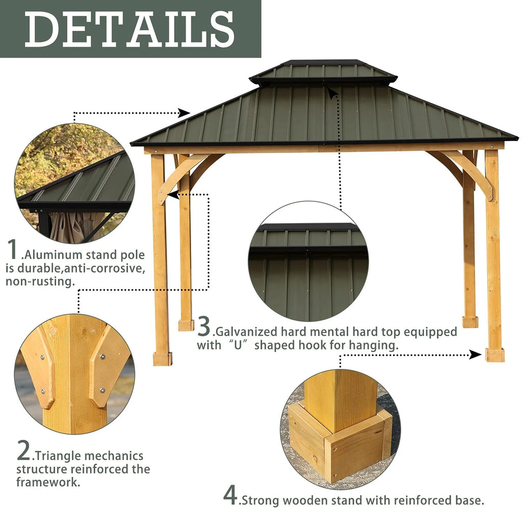 Green 10 x 12 ft. Solid Wooden Gazebo with Hardtop Roof S1987
