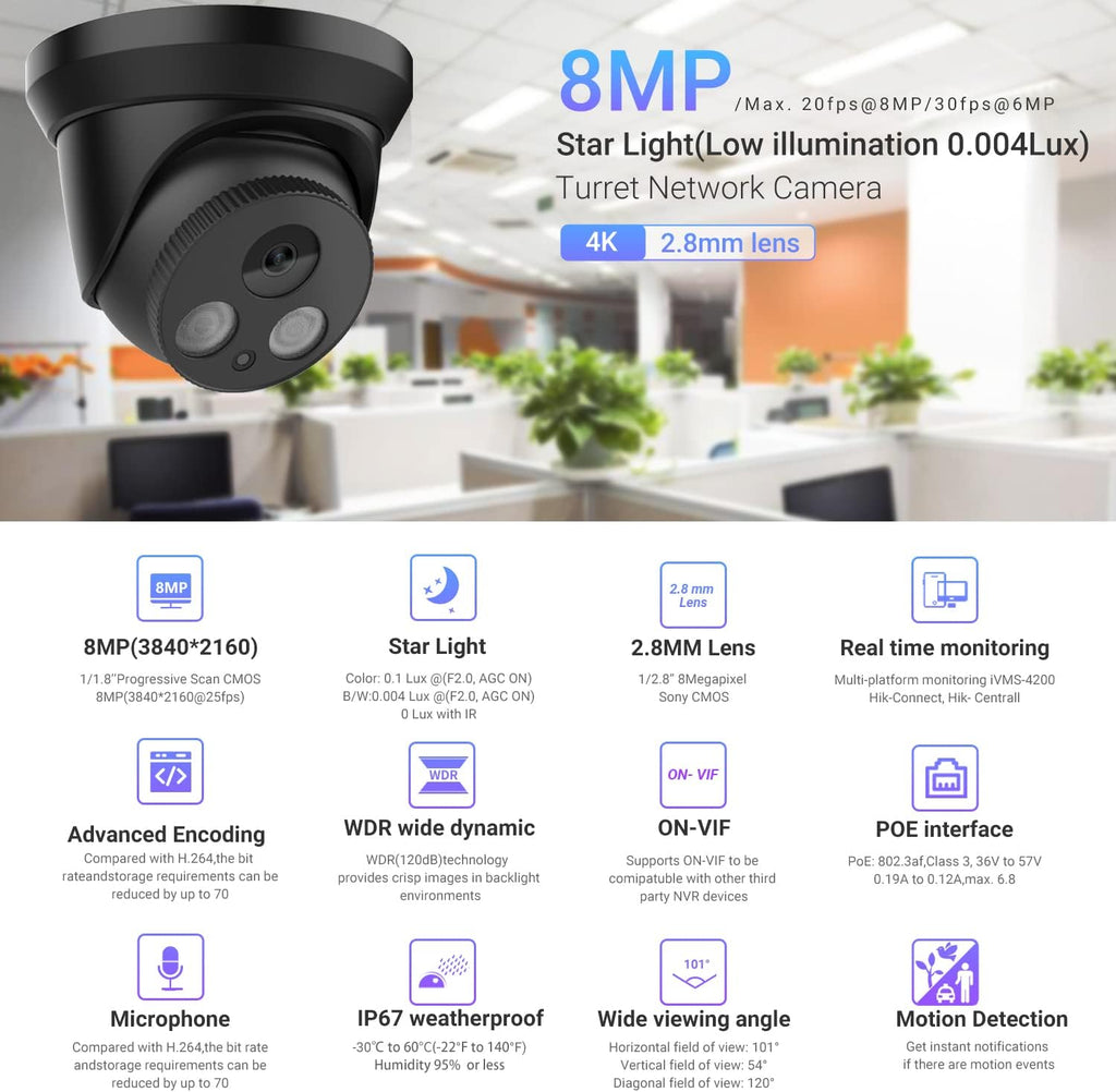4K Ultra HD 8MP Poe Turret Network Camera with 98ft IR Night Vision, 2.8mm Lens, Built-in Mic, IP67 Weatherproof K326