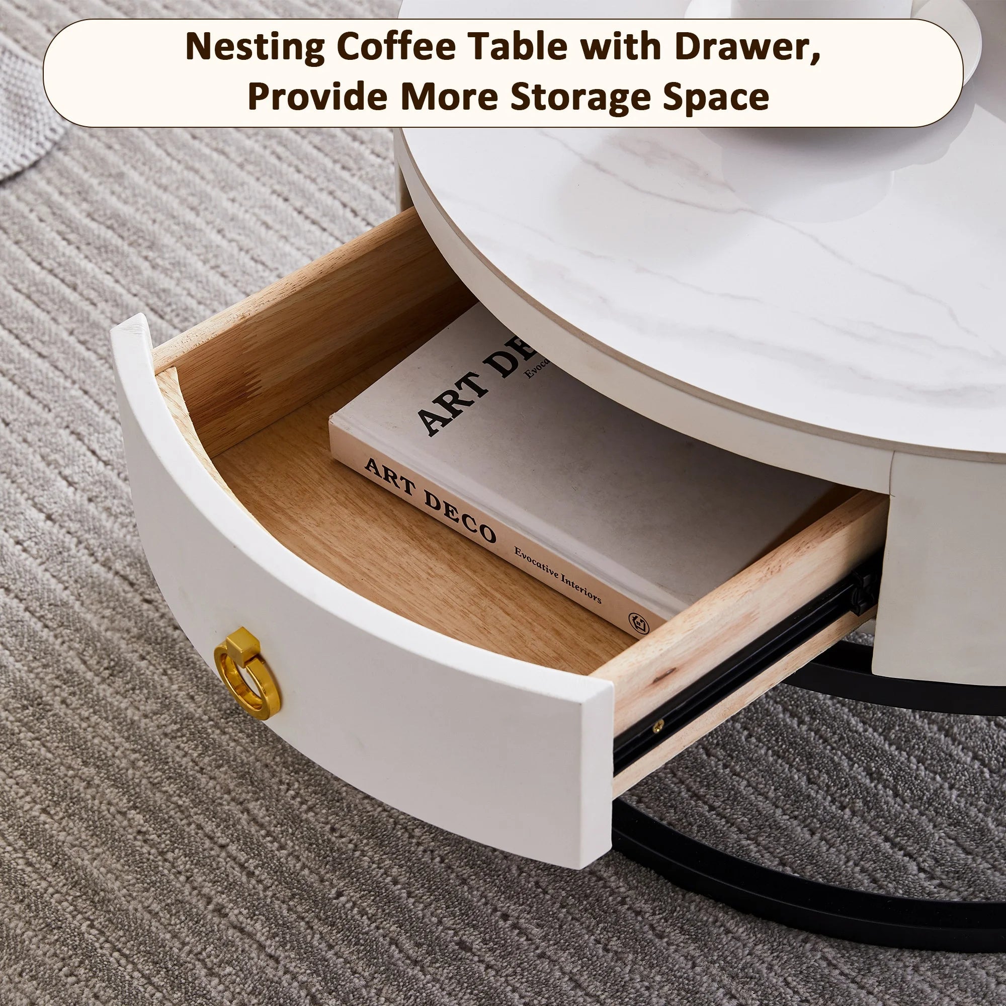 Black Nesting Coffee Table Set of 2 with Drawer, Sintered Stone Top Leather Wrapping Metal Frame D9836