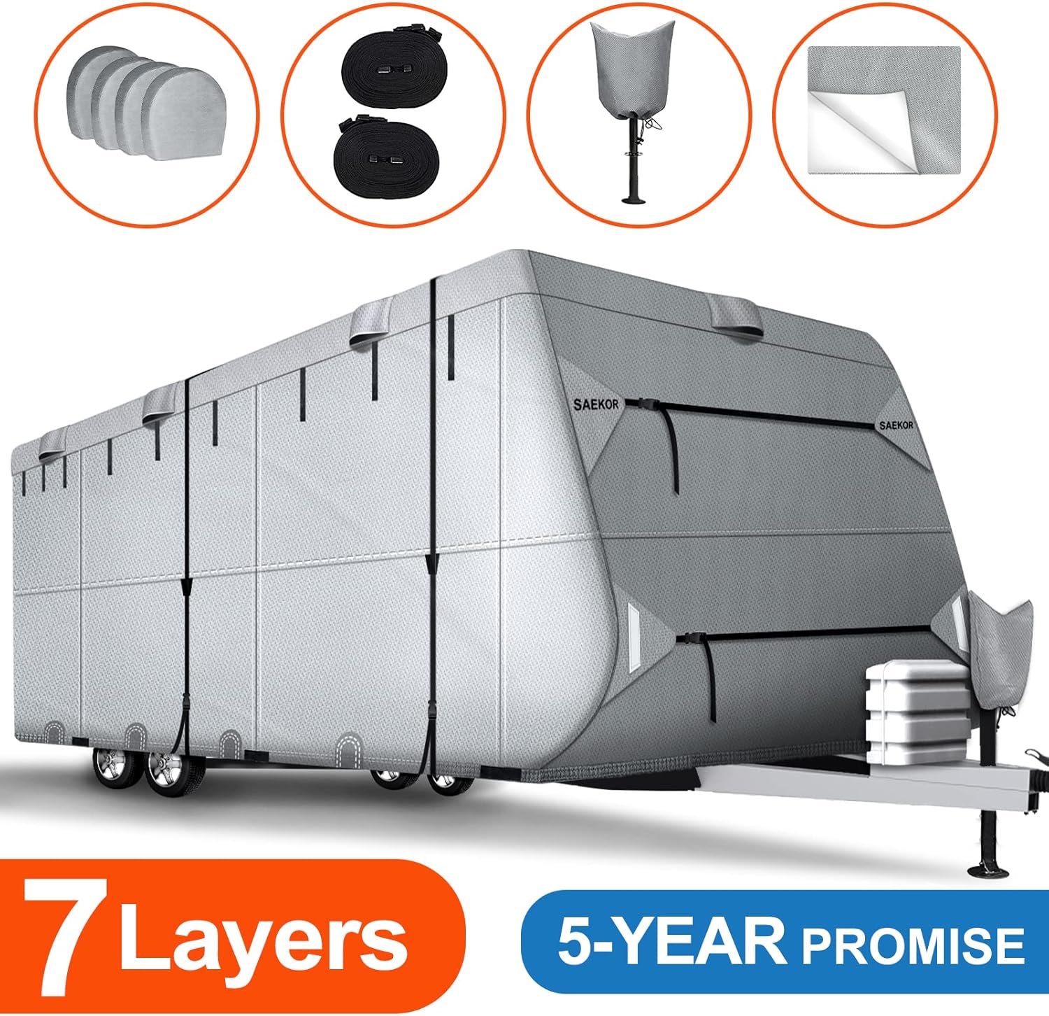 7 Layers 250 GSM Ripstop Travel Trailer RV Cover with 4 Tire Covers N69048