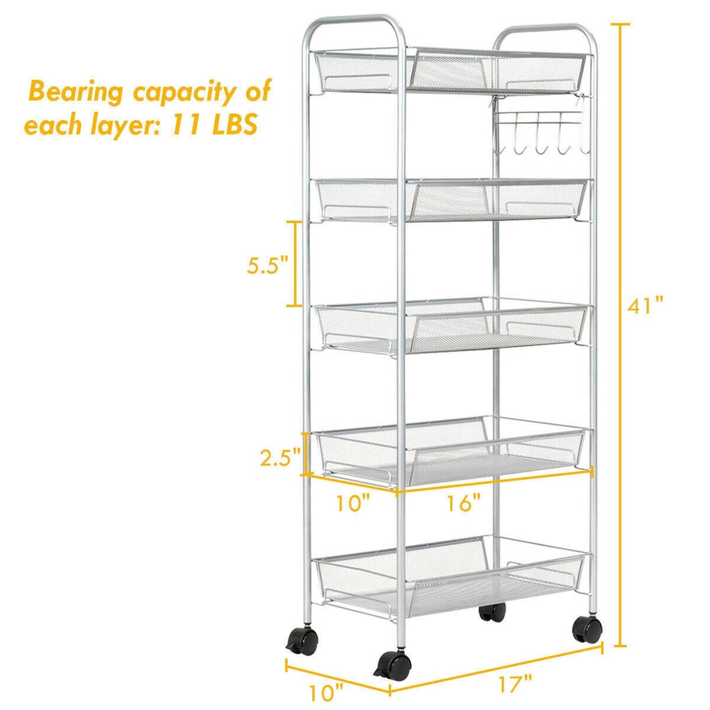 5 Tier Mesh Rolling Utility Cart Grey Q879866
