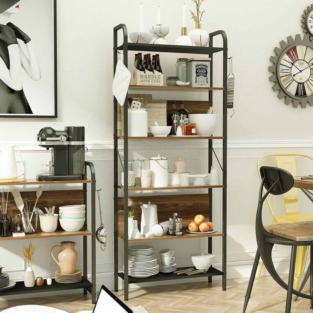 6 Tier Black and Walnut Wood and Metal Bookshelf Z519134