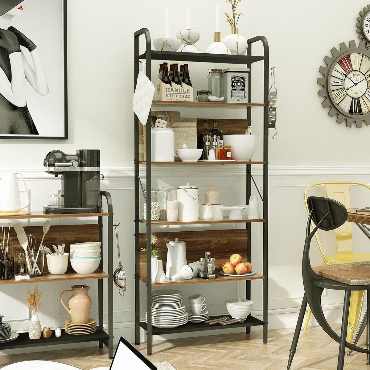 6 Tier Black and Walnut Wood and Metal Bookshelf Z519134