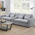 Upholstered Sofa with Console, 2 Cupholders and 2 USB Ports, Linen Fabric, 4-Seat O5598