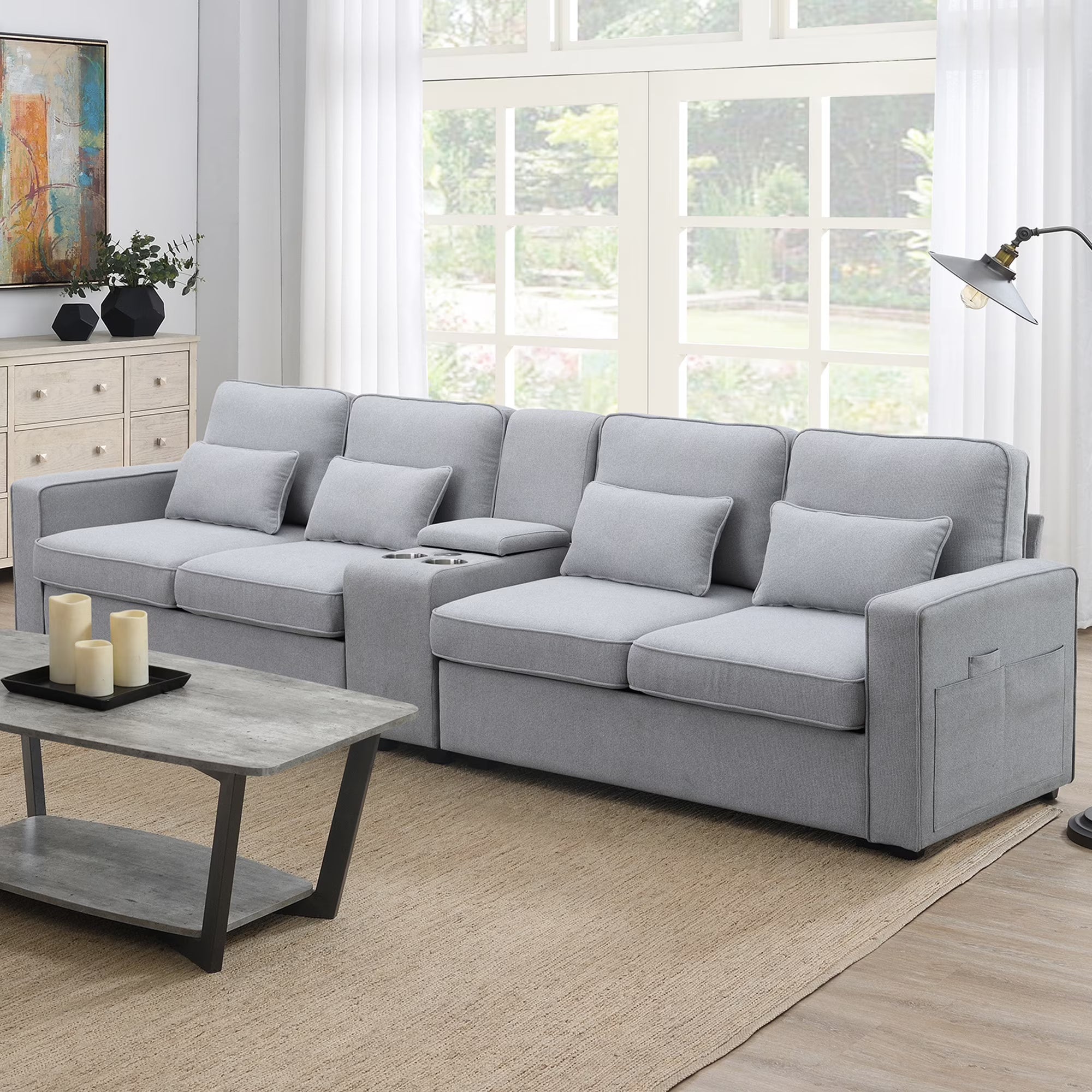Upholstered Sofa with Console, 2 Cupholders and 2 USB Ports, Linen Fabric, 4-Seat O5598
