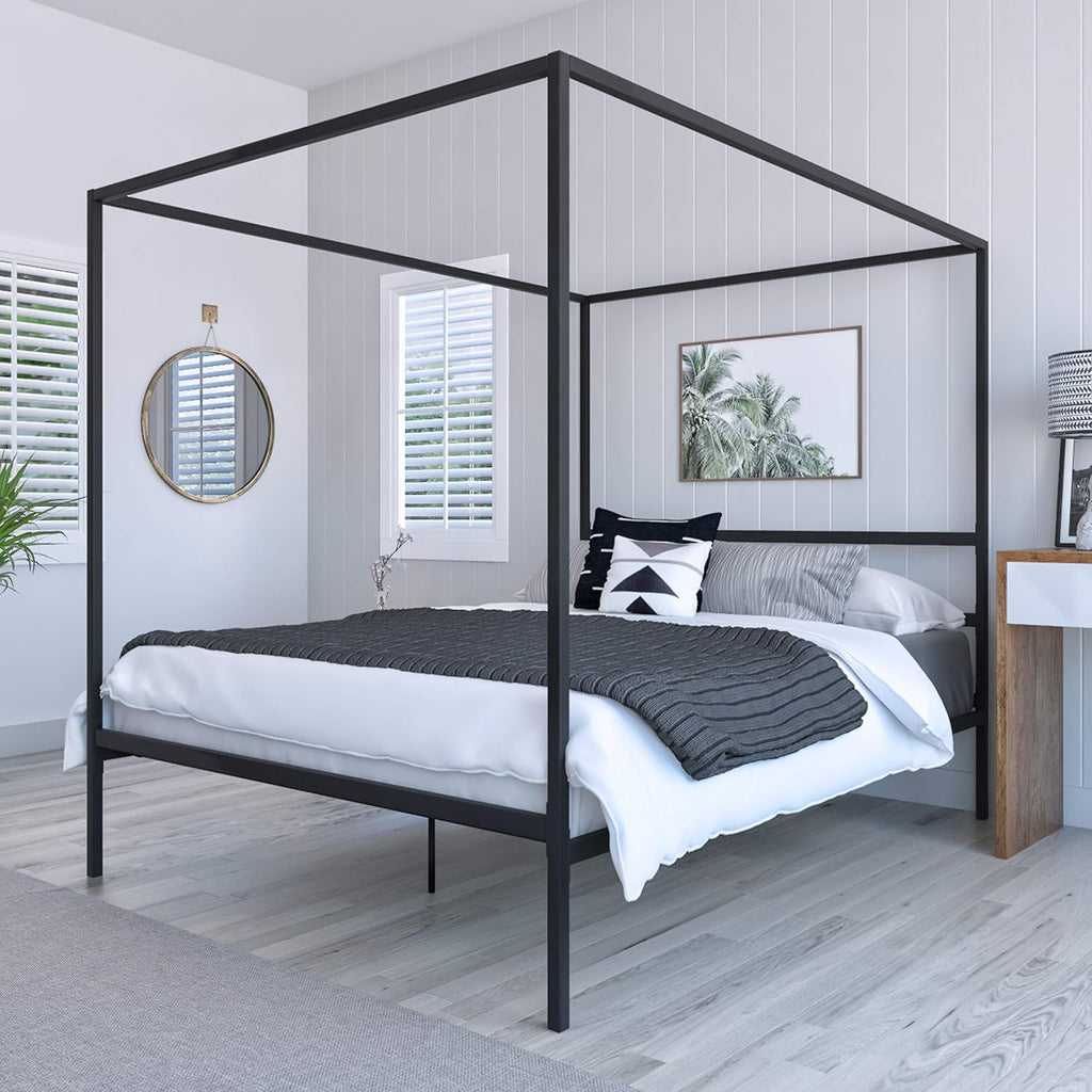White Metal Queen Size Canopy Platform Bed Frame with Wooden Slats X1775