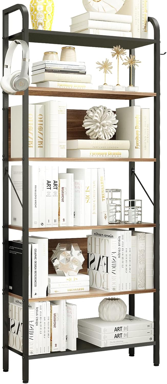 6 Tier Black and Walnut Wood and Metal Bookshelf Z519134