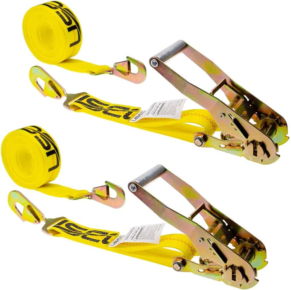 2 Inch x 20 Foot Yellow Ratchet Straps with Snap Hook - 2 Pack T1782