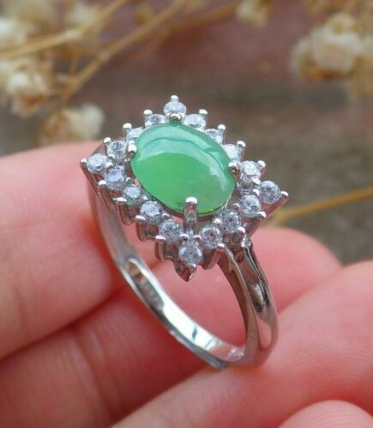 Icy Green Silver 925 Jadeite Cabochon Ring W779