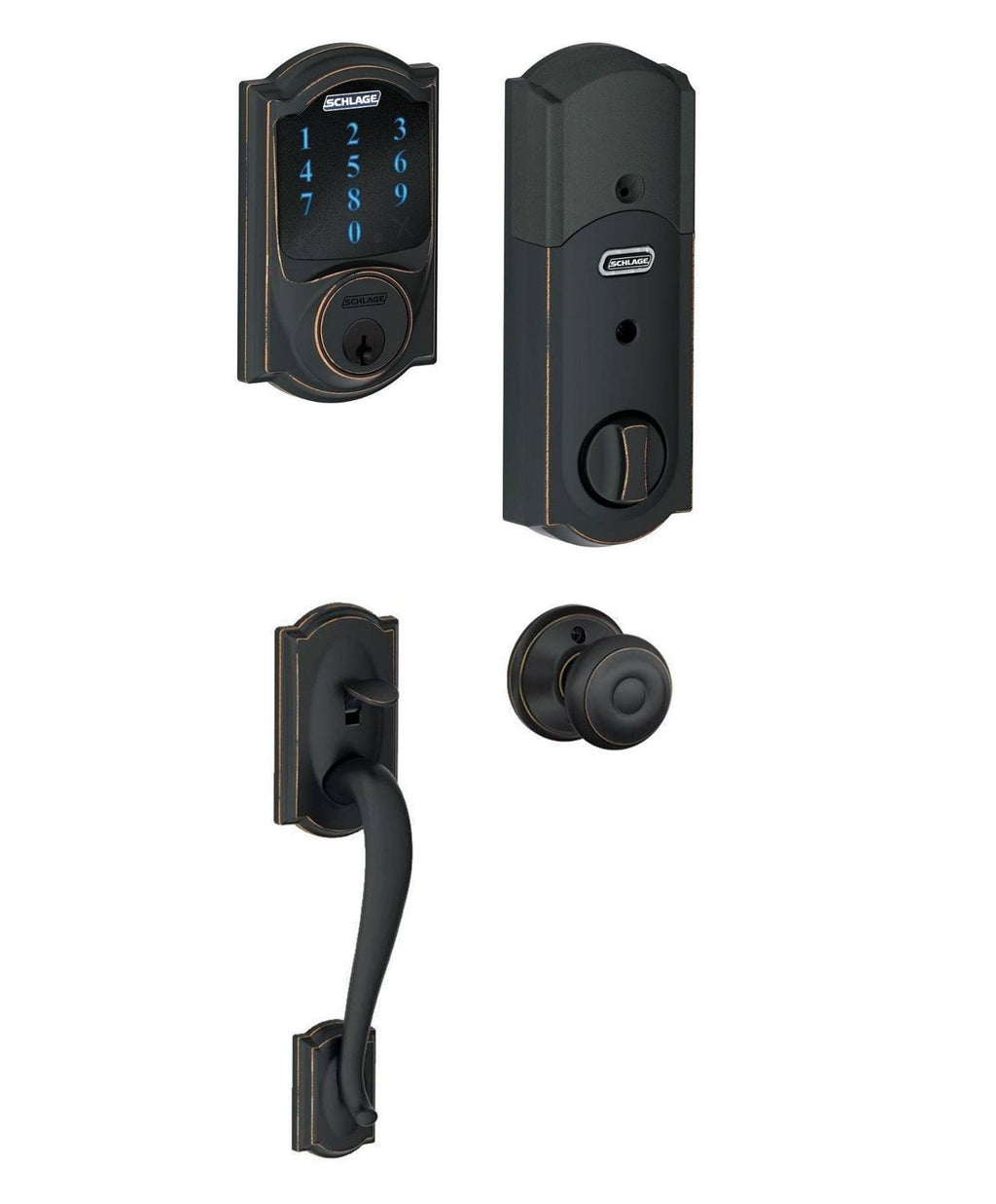 Touchscreen Deadbolt with Alarm and Georgian Knob Aged Bronze U657