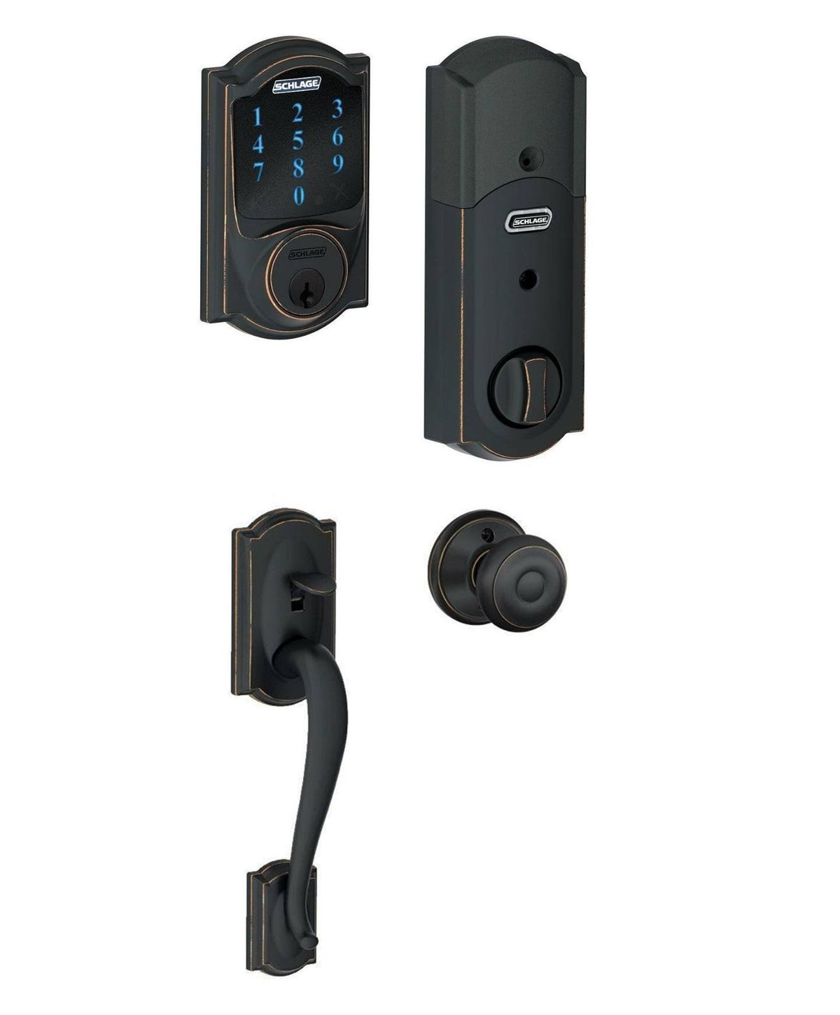 Touchscreen Deadbolt with Alarm and Georgian Knob Aged Bronze U657