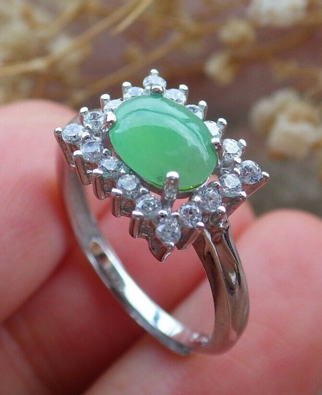 Icy Green Silver 925 Jadeite Cabochon Ring W779