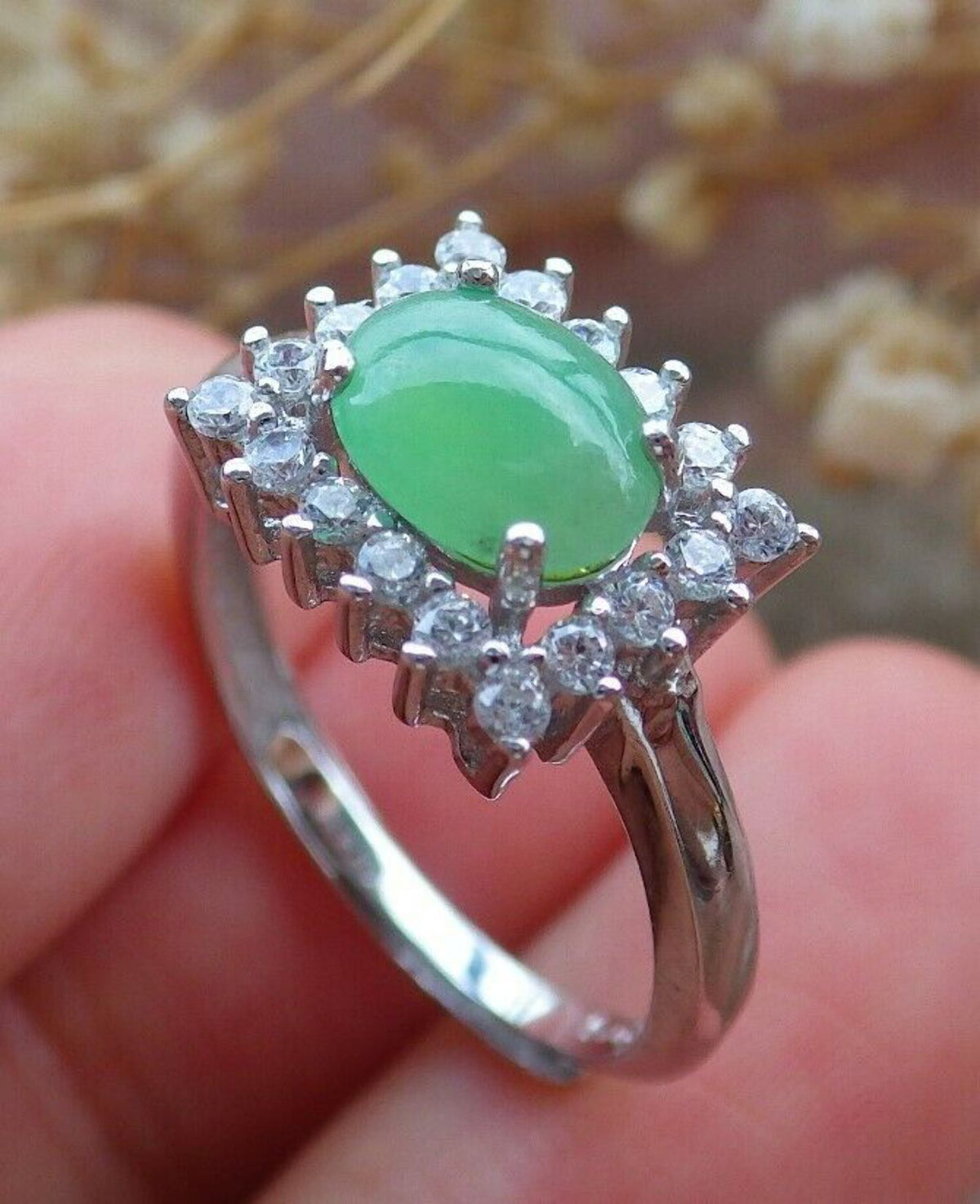 Icy Green Silver 925 Jadeite Cabochon Ring W779