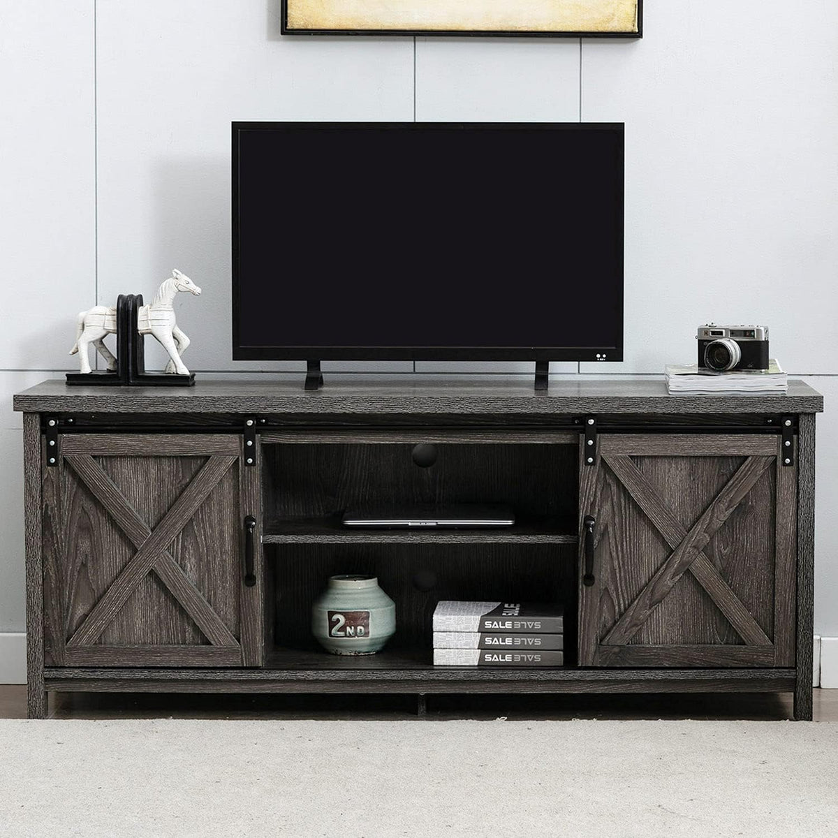 Farmhouse TV Stand with Wooden Sliding Barn Door TV Console E619501