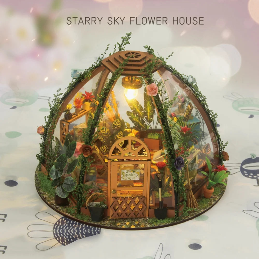 DIY Miniature Dollhouse Kit Wooden Flower Green House with LED Light W84936