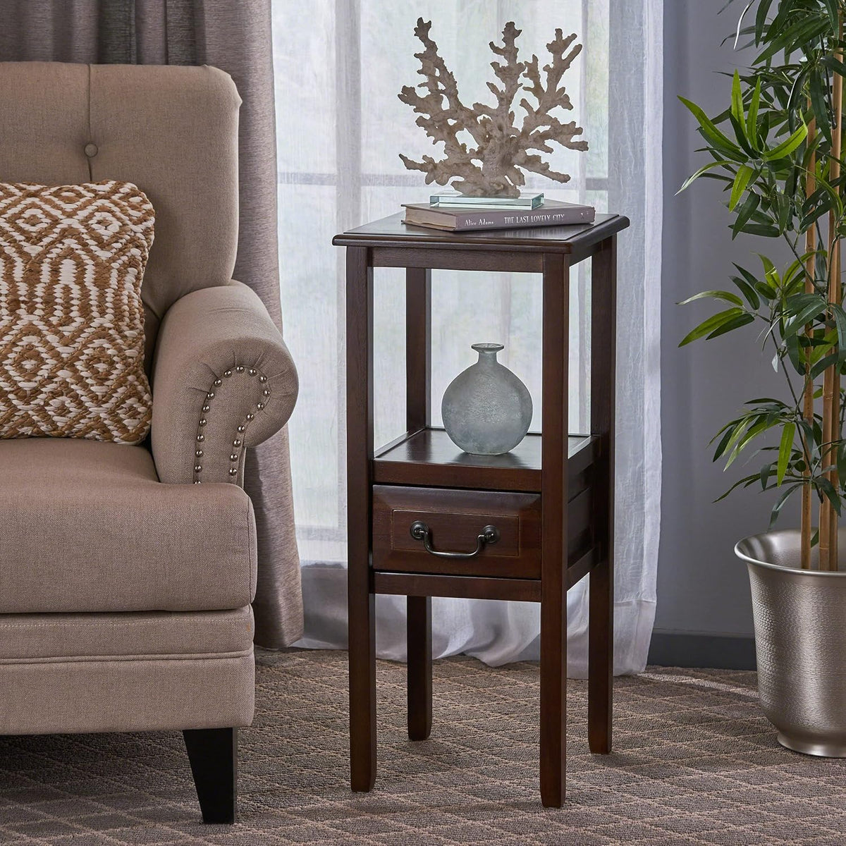 Brown Mahogany Acacia Wood Accent Table with Bottom Drawer L4523