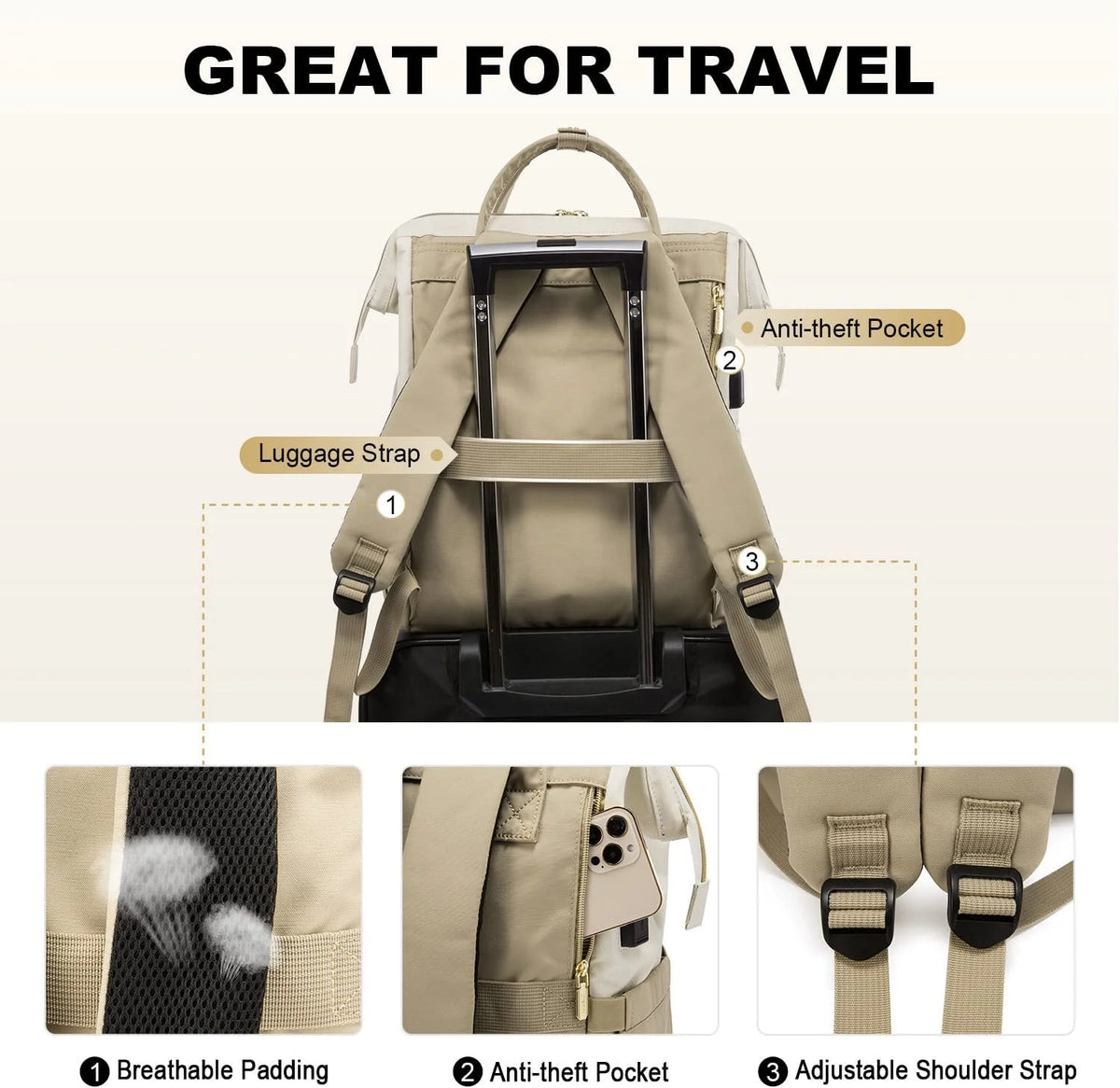 Beige-Khaki Waterproof Laptop Backpack L719491