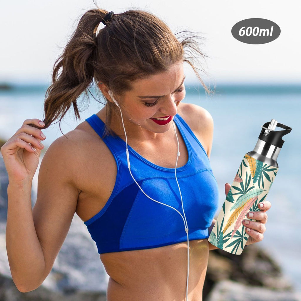 Green Leaves Stainless Steel Insulated Water Bottle with Straw Lid T59095
