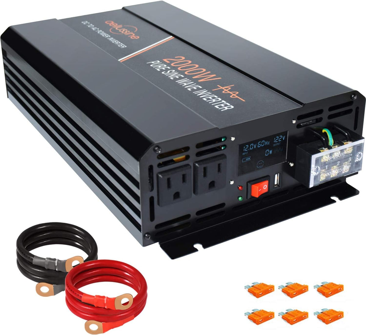 Power Inverter 2000 Watt Pure Sine Wave 24v DC to AC 120v Peak 4000 Watt with LCD Display USB Charge Port K449