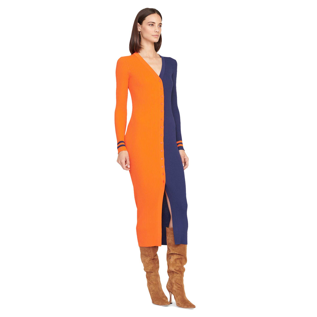 Orange/Navy Knit Button-Up Sweater Dress Z478
