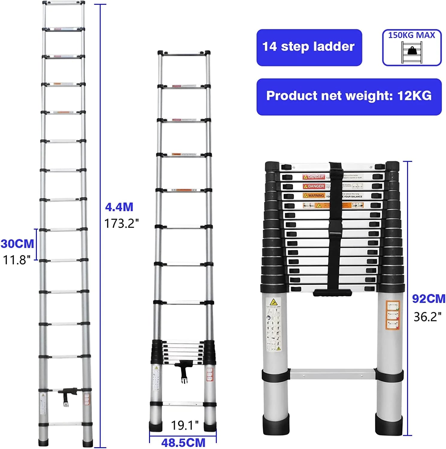 Telescoping Ladder, 14.4 FT Aluminum Lightweight Extension Ladder, Heavy Duty 330 Pound D278010