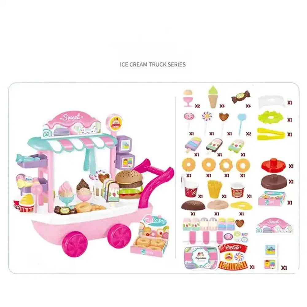 Ice Cream Cart 36pcs Pretend Play Kitchen Toy Set With Umbrella Food Dishes R738381