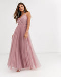 Light rose-Pink Pleat Tulle Maxi Dress K386