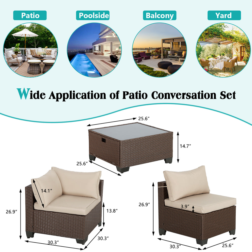 7 Pieces Patio Furniture Sets Outdoor Sectional Patio Sofa with Cushion Glass Table, Beige Z241129