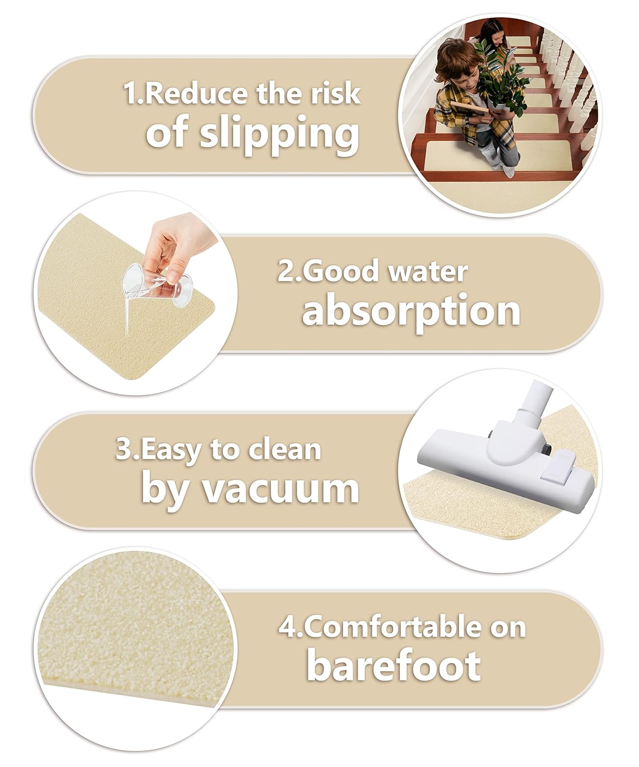 14 Pcs Beige Non Slip Stair Treads with TPE Backing D38543
