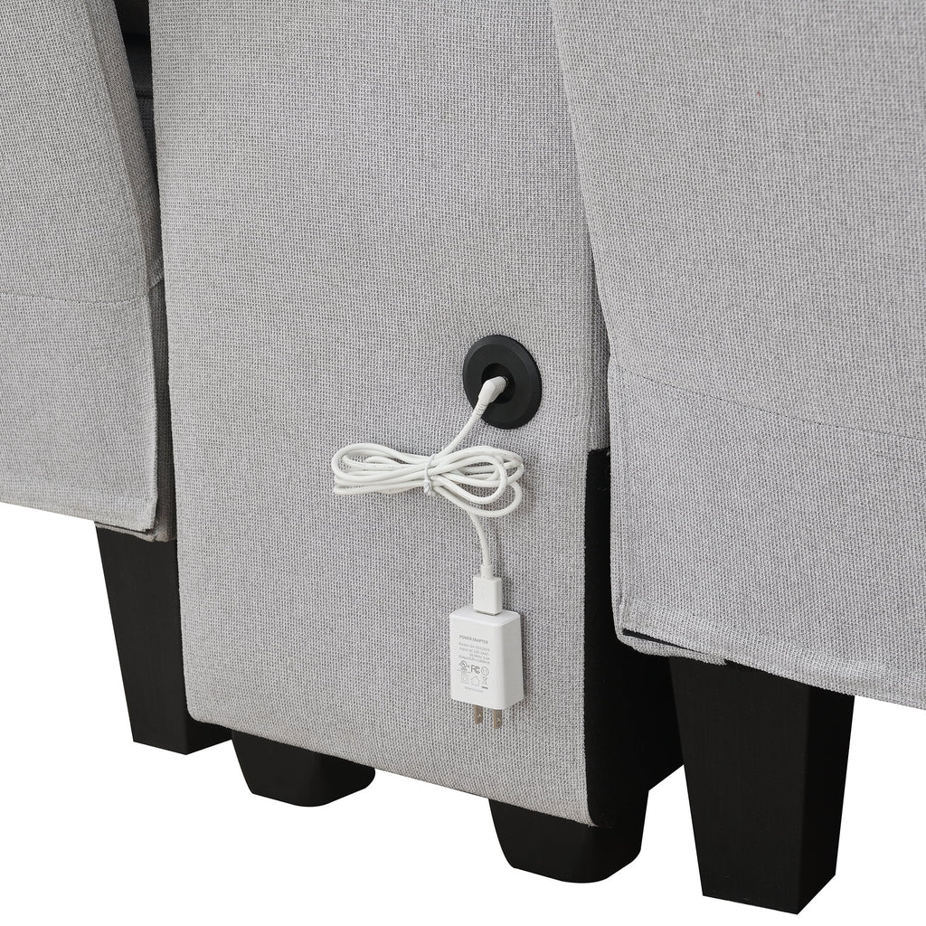 Upholstered Sofa with Console, 2 Cupholders and 2 USB Ports, Linen Fabric, 4-Seat O5598
