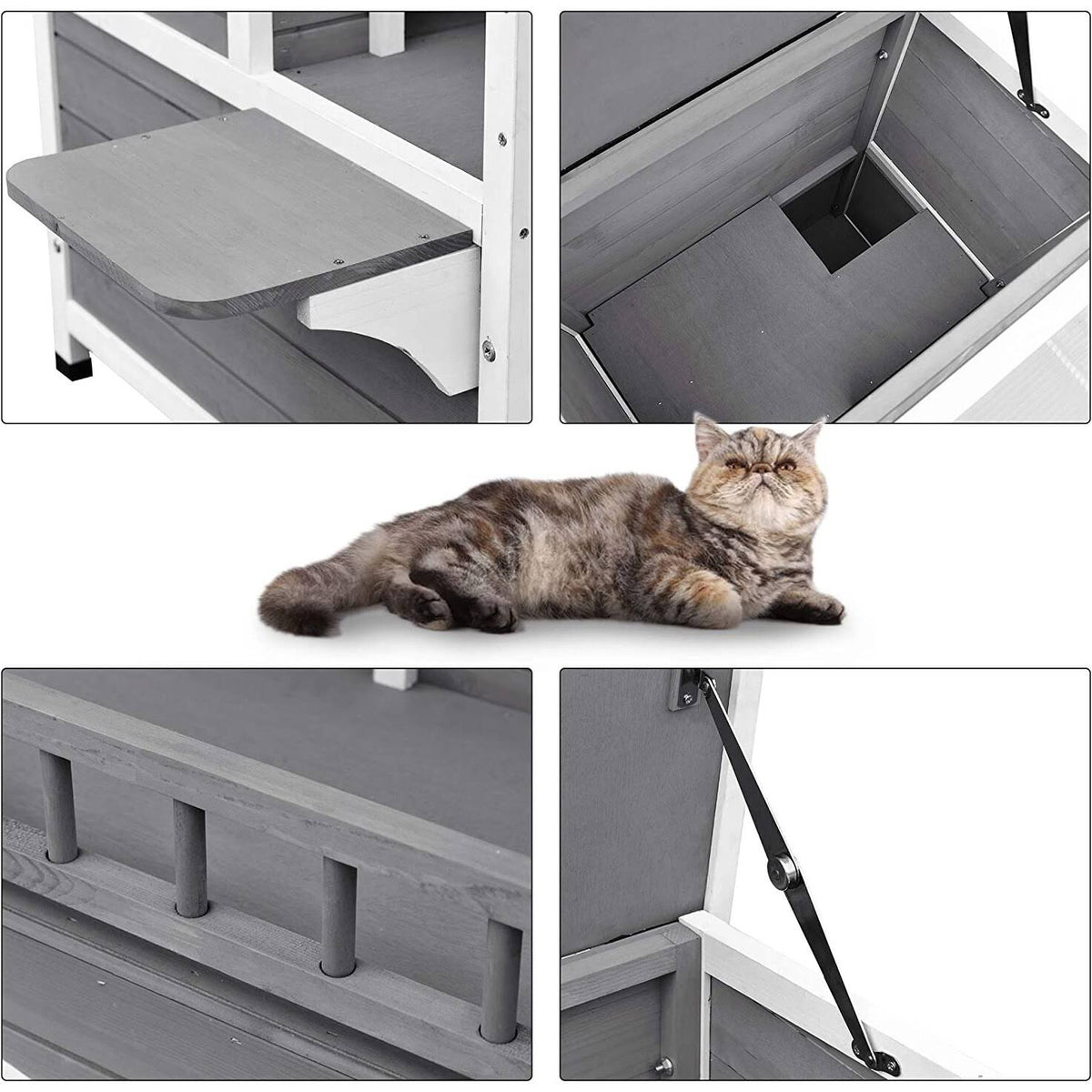 2-Story Weatherproof Wooden Cat Shelter House with Transparent PVC Canopy O698236
